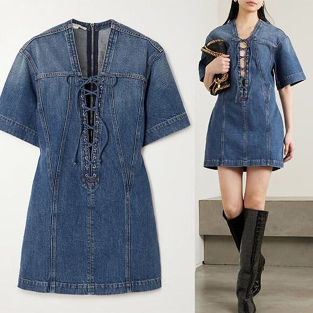 NWT Stella McCartney Lace Detail Short Sleeve Denim Mini Dress Blue Size: Large - Picture 9 of 9